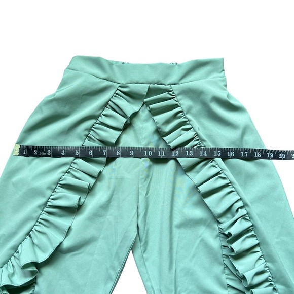 Double Slit Hem Ruffle Trim Wide Leg Pants Sz Small Green Sage Mint Open Tulip S - Picture 5 of 8